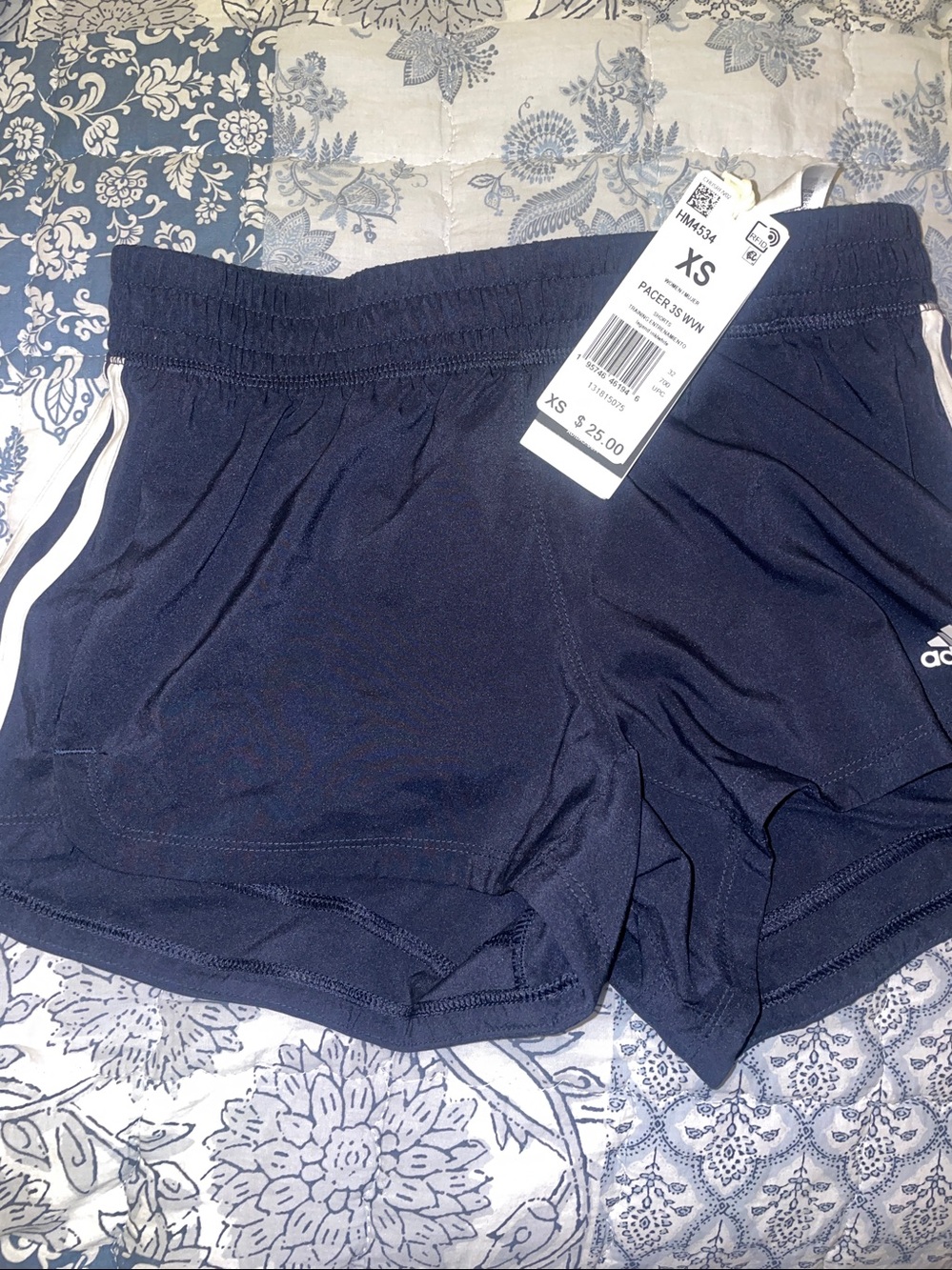 BNWT adidas Navy Athletic Shorts with White Logo and Stripes, size XS